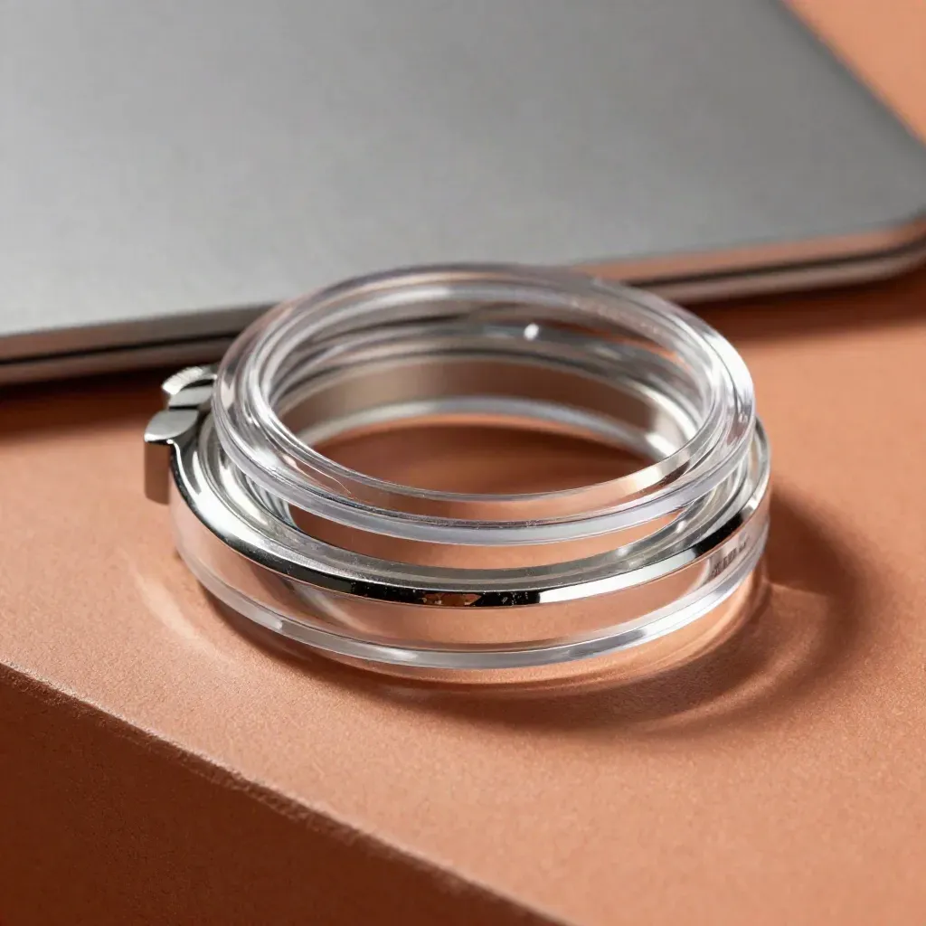 Two clear watch cases nested over a soft watch silhouette on terracotta, lit with crisp raking highlights.