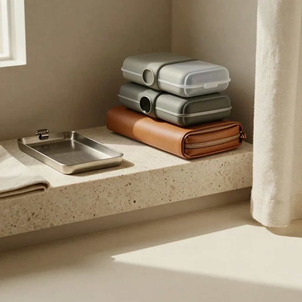 Minimalist nook with stacked protective watch cases on stone ledge, soft daylight, calm copy space.